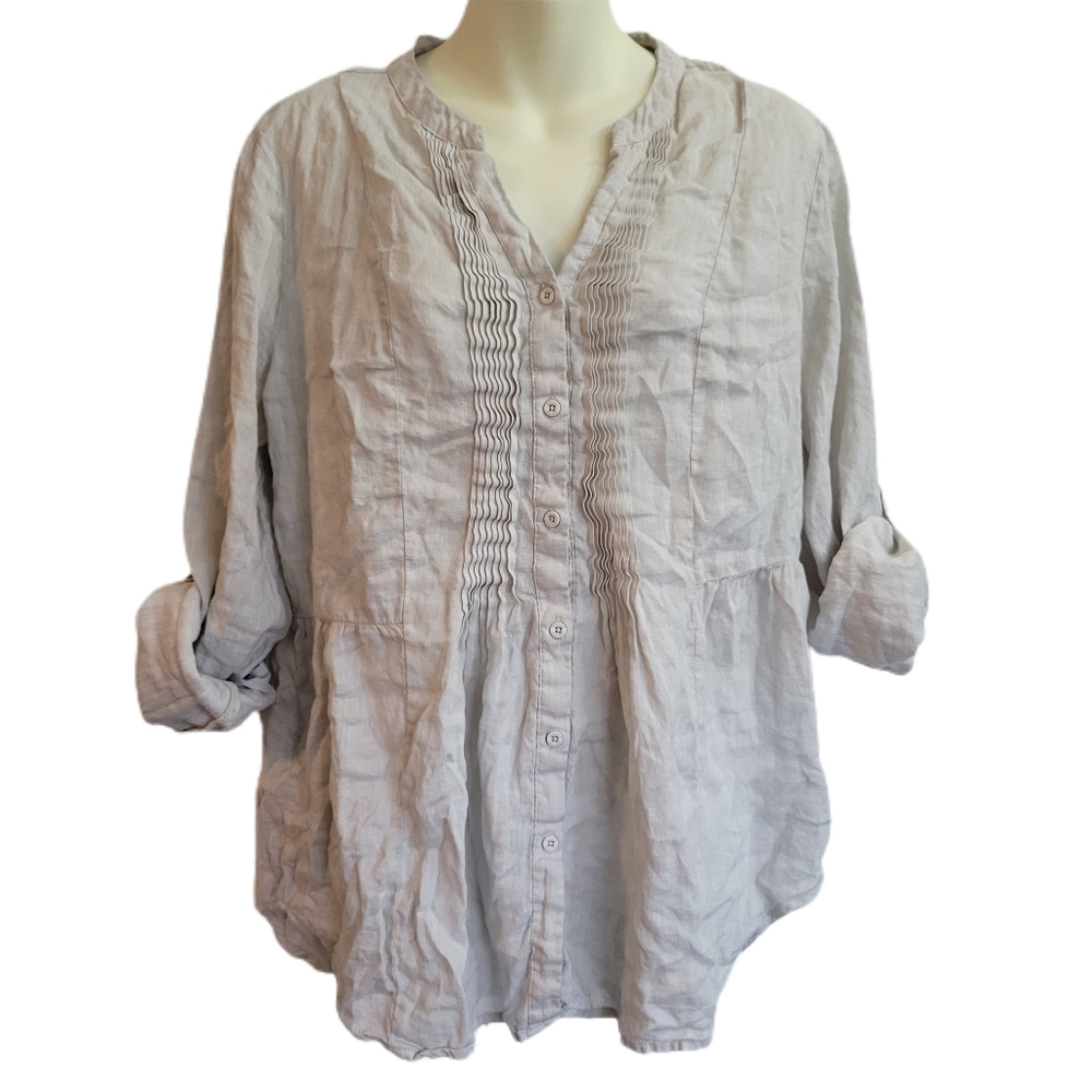 Malvin I Love Linen Hamburg Germany Pleated Roll Tab Sleeve Blouse XL